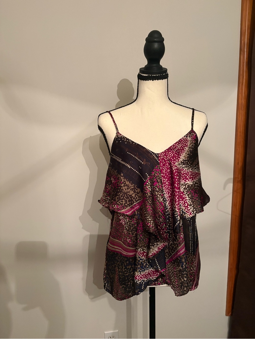 Greylin Magenta and Black Ruffled Spaghetti Strap Cami
